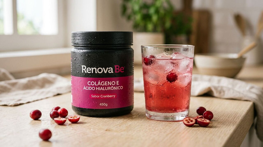 Pote de colágeno com bebida sabor cranberry