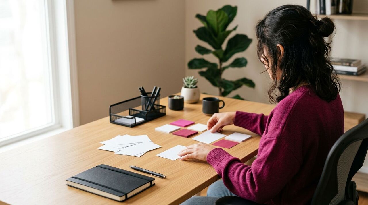 Pessoa organizando notas coloridas em mesa de trabalho