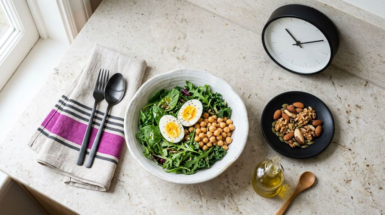 Salada saudável com grão-de-bico e ovo cozido